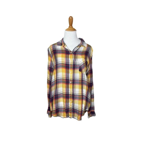 Lucky Brand Plaid Classic Lightweight Yellow  Button Front Long Sleeve Top Sz L - Picture 1 of 7